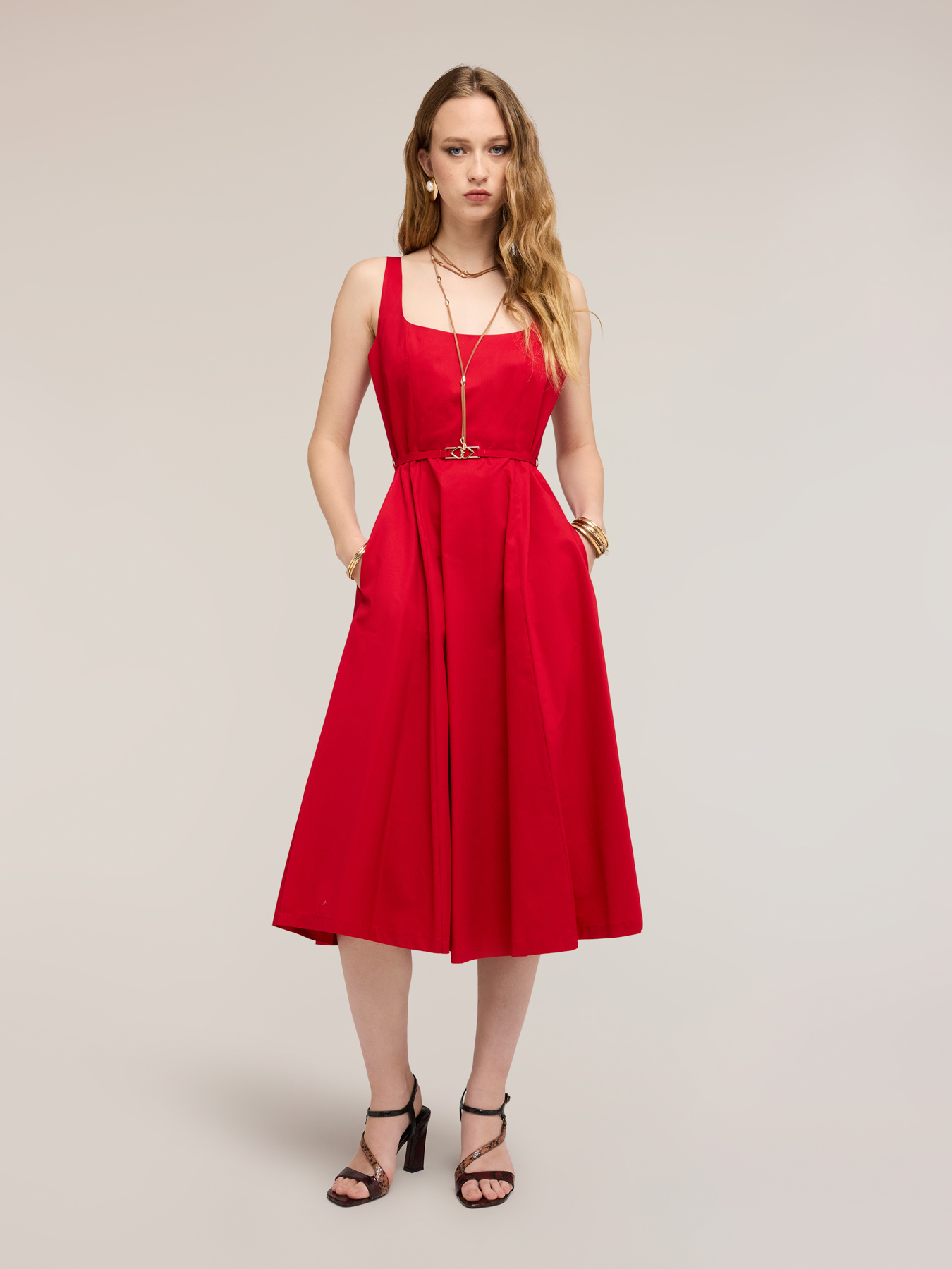 Flare dress in poplin with belt image number 0