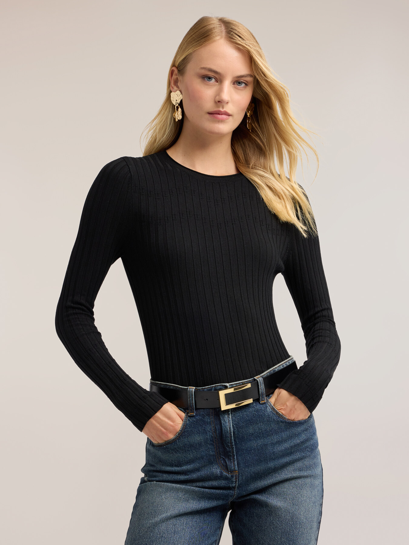 Flat rib knit sweater with flared cuff image number 0