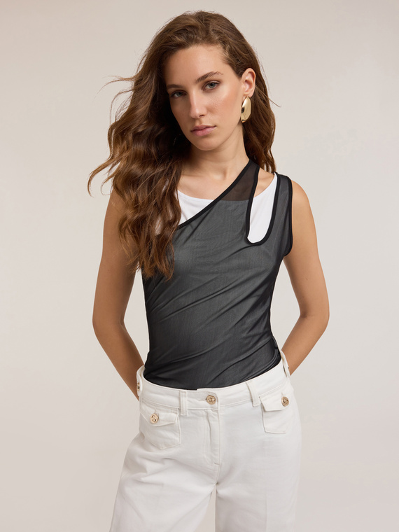 Motivi Top in jersey con canotta in tulle Donna, Bianco, Taglia XS