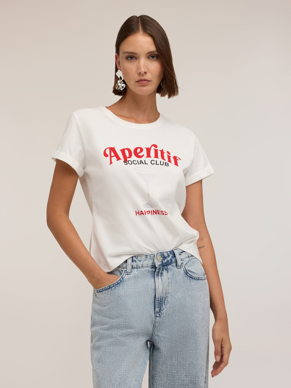 T-shirt with print and rhinestone appliqu&eacute;s