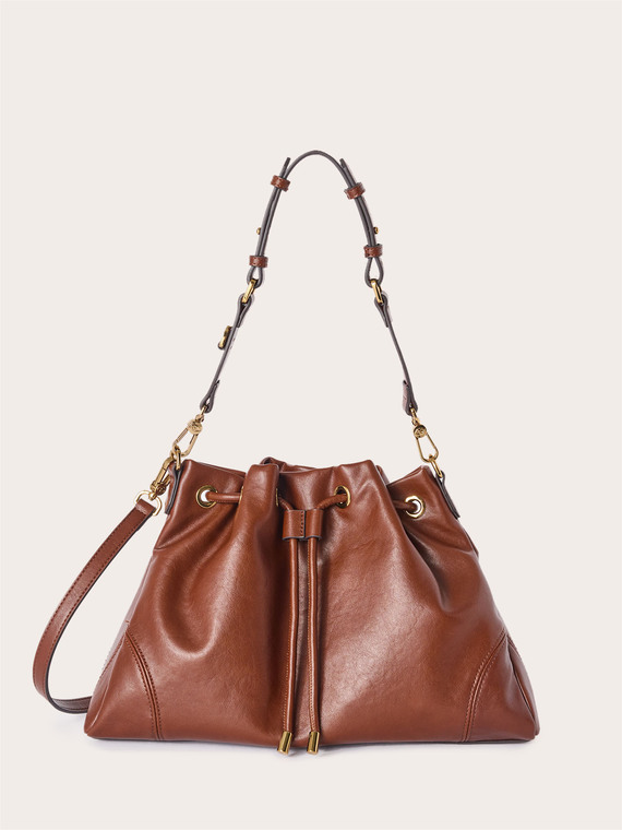 Bucket bag with drawstring and double shoulder strap