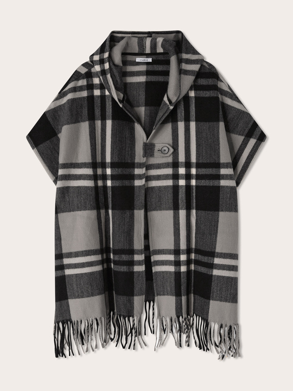 Poncho &agrave; carreaux avec franges et col ch&acirc;le