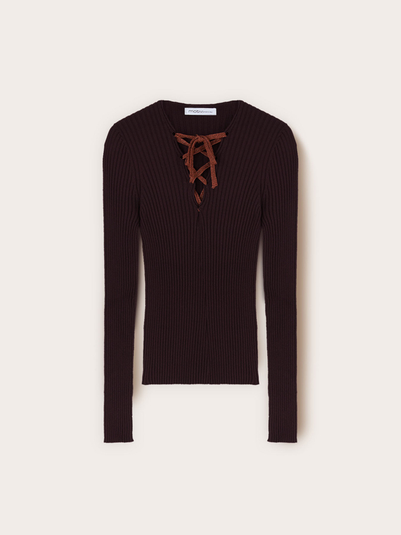 Maille c&ocirc;tel&eacute;e avec lacets en m&eacute;lange viscose