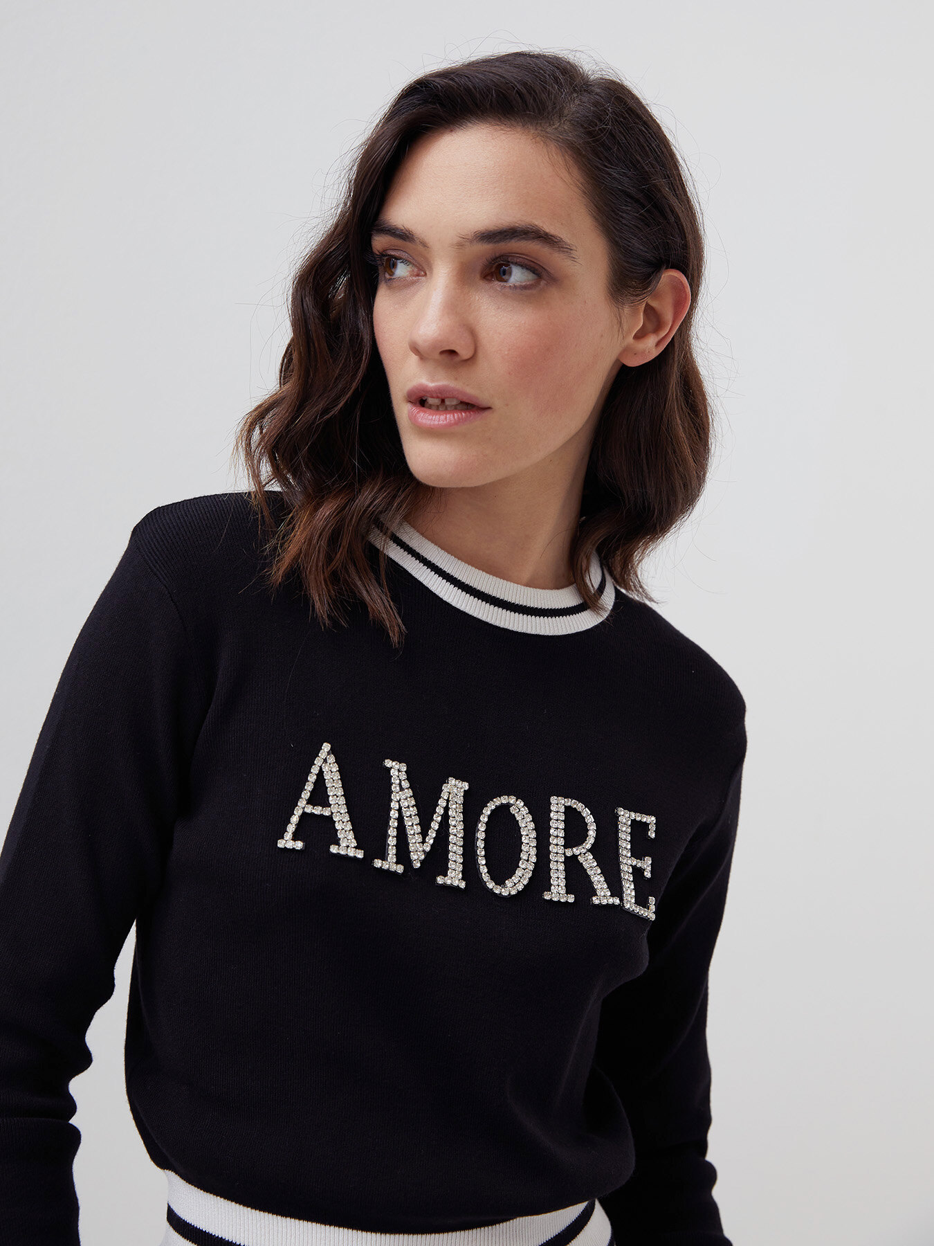 Crew-neck sweater with gemstone lettering image number 0