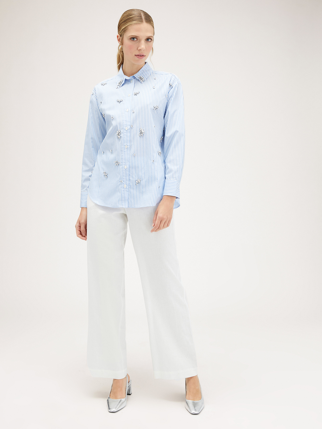 Oversized striped shirt with gemstone embroidery image number 0
