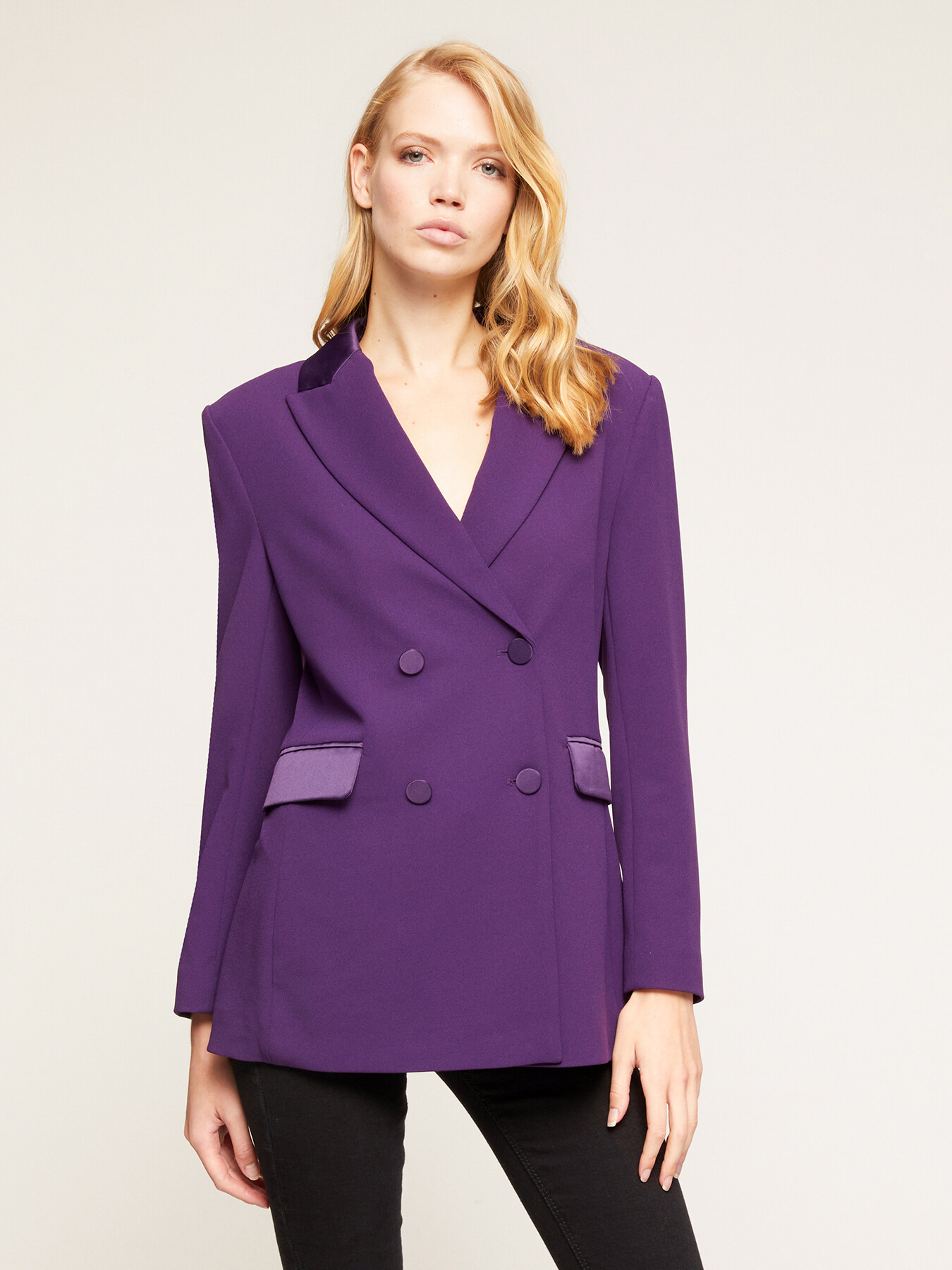 Long blazer jacket with satin inserts image number 0