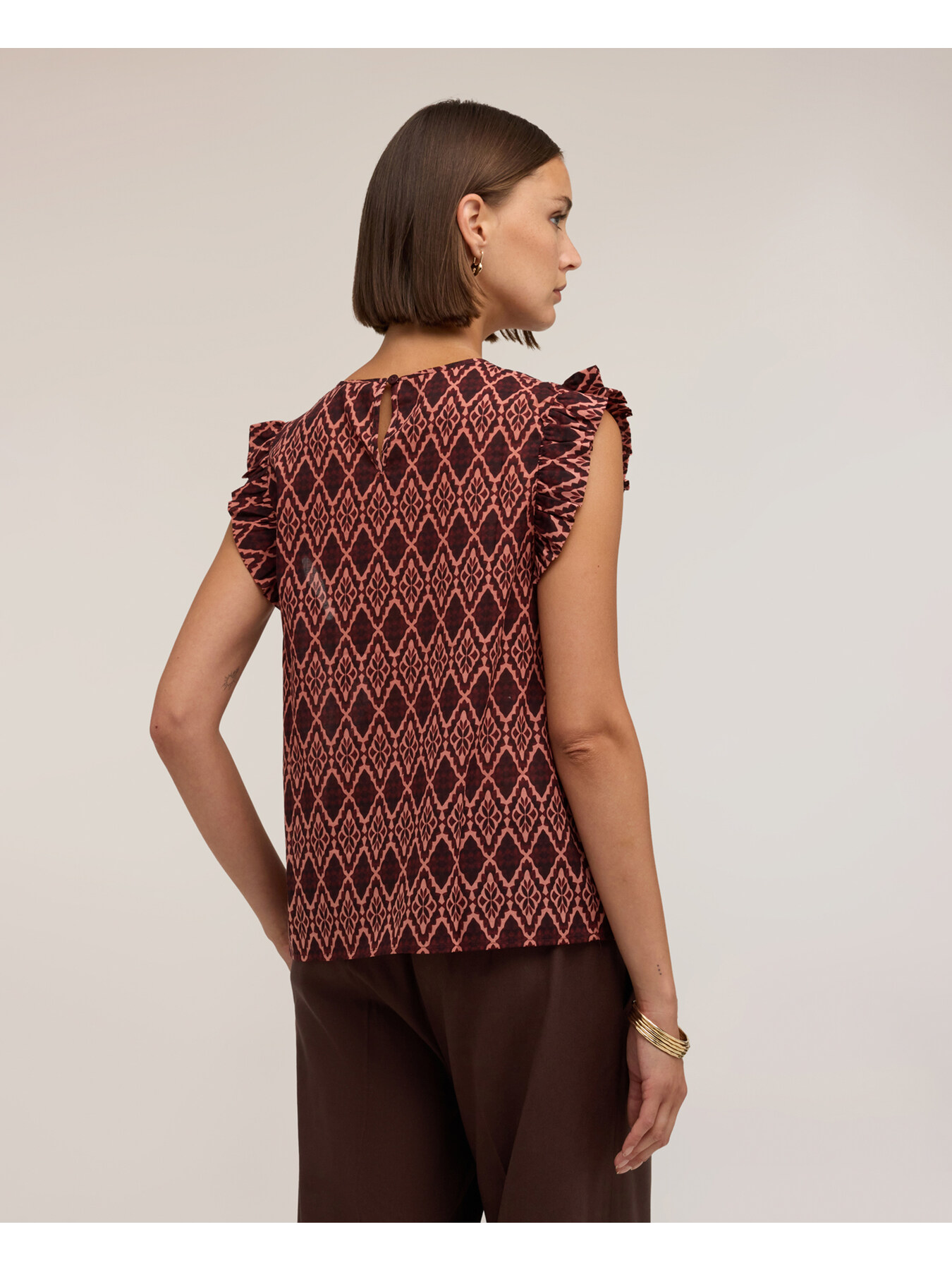 Cotton voile blouse with print and ruffle image number 1
