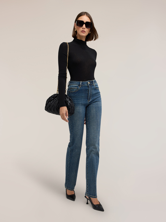 Blugi wide fit cu micro-stras all over