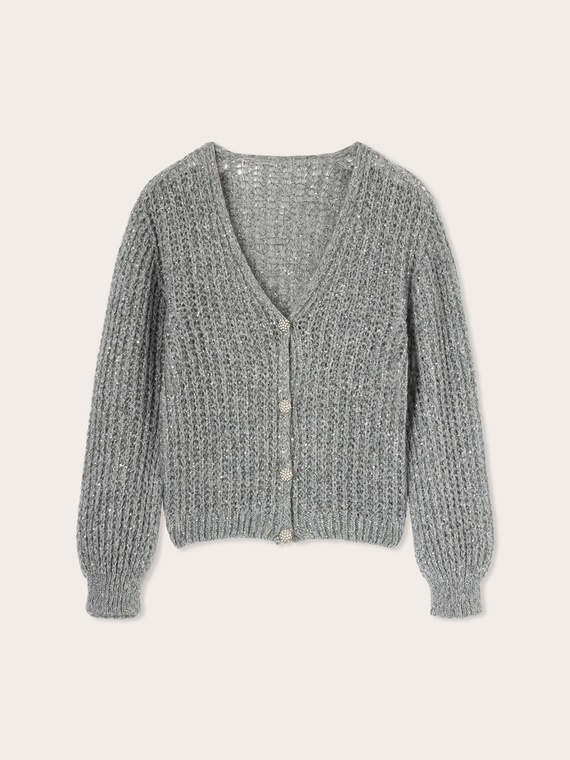Cardigan en tricot m&eacute;lang&eacute; mohair avec paillettes