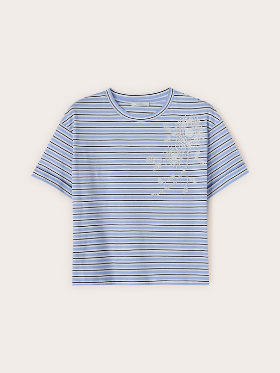 Gestreiftes T-Shirt mit Blumenstickerei
